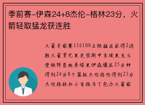 季前赛-伊森24+8杰伦-格林23分，火箭轻取猛龙获连胜