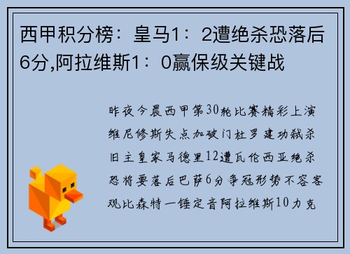 西甲积分榜：皇马1：2遭绝杀恐落后6分,阿拉维斯1：0赢保级关键战