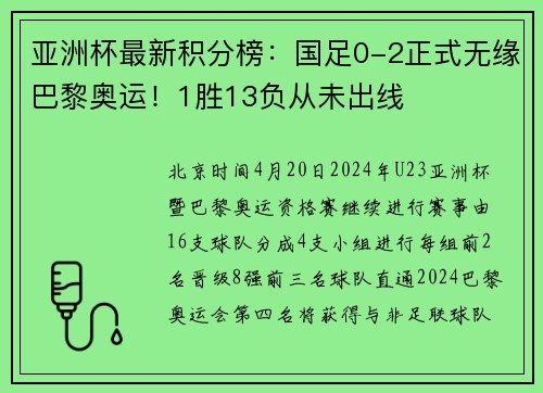 亚洲杯最新积分榜：国足0-2正式无缘巴黎奥运！1胜13负从未出线